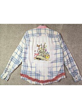 OOAK Upcycled Flannel Shacket Shirt Good Energy Skeleton Floral Boyfriend Size M